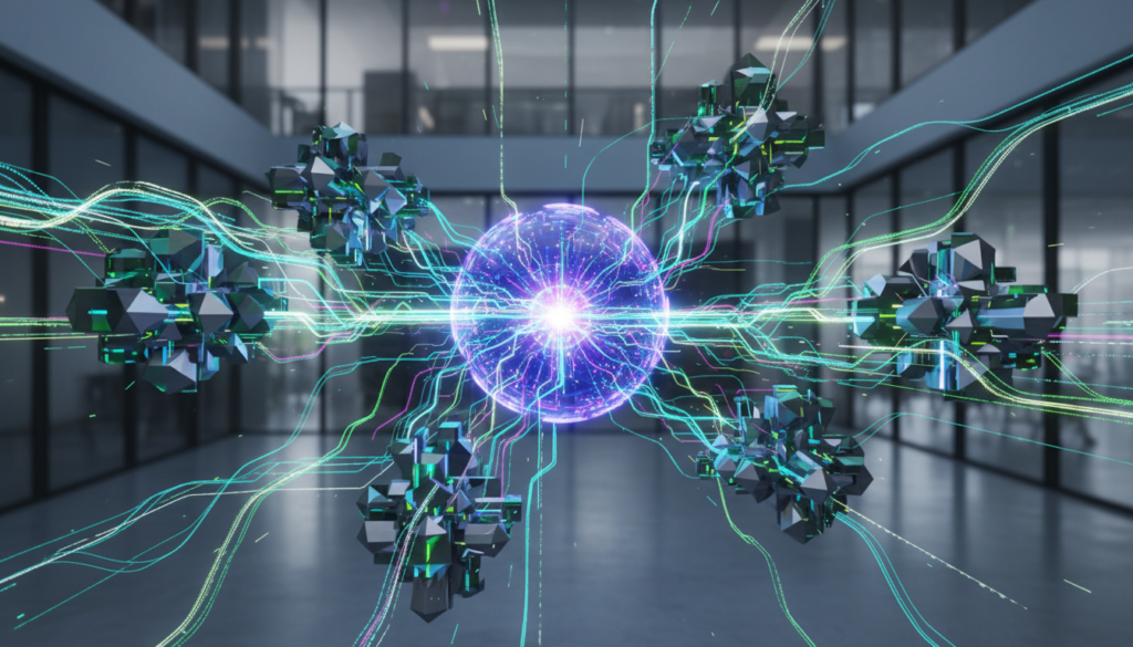 Gráfico de rede digital complexa com um centro brilhante, representando a evolução de um produto para uma estratégia de plataforma e ecossistema.