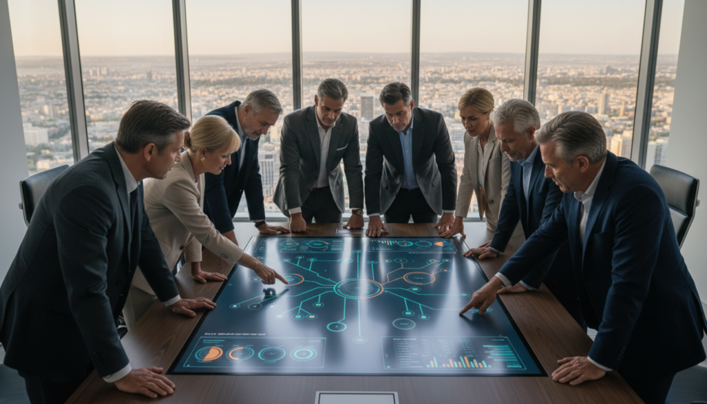 Grupo de executivos e gestores de produto em reunião estratégica, alinhando visões de produto e corporativa.