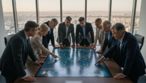 Grupo de executivos e gestores de produto em reunião estratégica, alinhando visões de produto e corporativa.