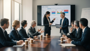 Executivos analisando mapa de jornada do usuário com foco em psicologia comportamental