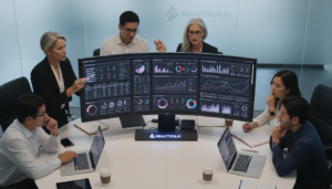 Equipe de PMs analisando resultados de Testes A/B, significância estatística, dashboards de dados, otimização de produto, estratégia de crescimento, análise de dados.