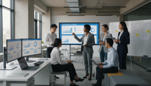 Profissionais analisando gráficos e dados de concorrentes em um dashboard de benchmarking competitivo.