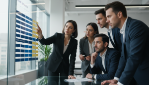 Gráfico de Cohort Analysis sendo analisado por uma equipe de gestão de produtos, com foco em retenção de clientes e LTV.