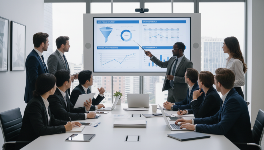 Equipe de due diligence examinando o roadmap, métricas e saúde tecnológica de um produto para M&A.