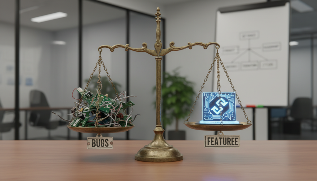 Balança de prioridades entre correção de bugs e desenvolvimento de features para Product Managers