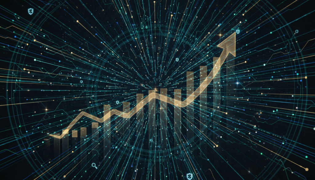 Gráfico de dados complexos transformando-se em valor estratégico para empresas e tomada de decisão.