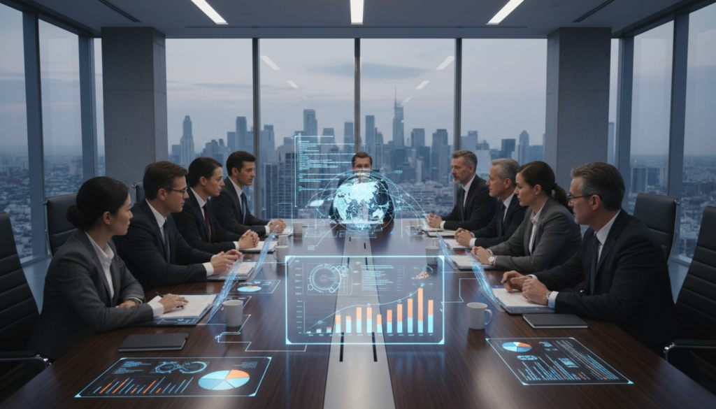 C-Levels discutindo débito técnico em sala de reunião, gráficos de risco, estratégia de negócios, finanças, tecnologia