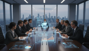 C-Levels discutindo débito técnico em sala de reunião, gráficos de risco, estratégia de negócios, finanças, tecnologia