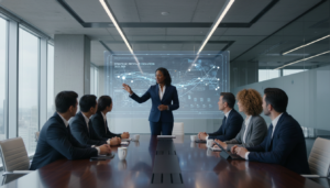 CPO apresentando estratégia de produto para executivos em sala de reunião