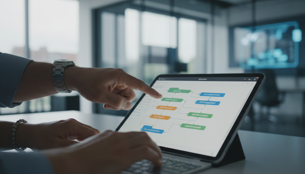 Gestor e desenvolvedor colaborando em plataforma low-code, agilidade, governança, desenvolvimento rápido