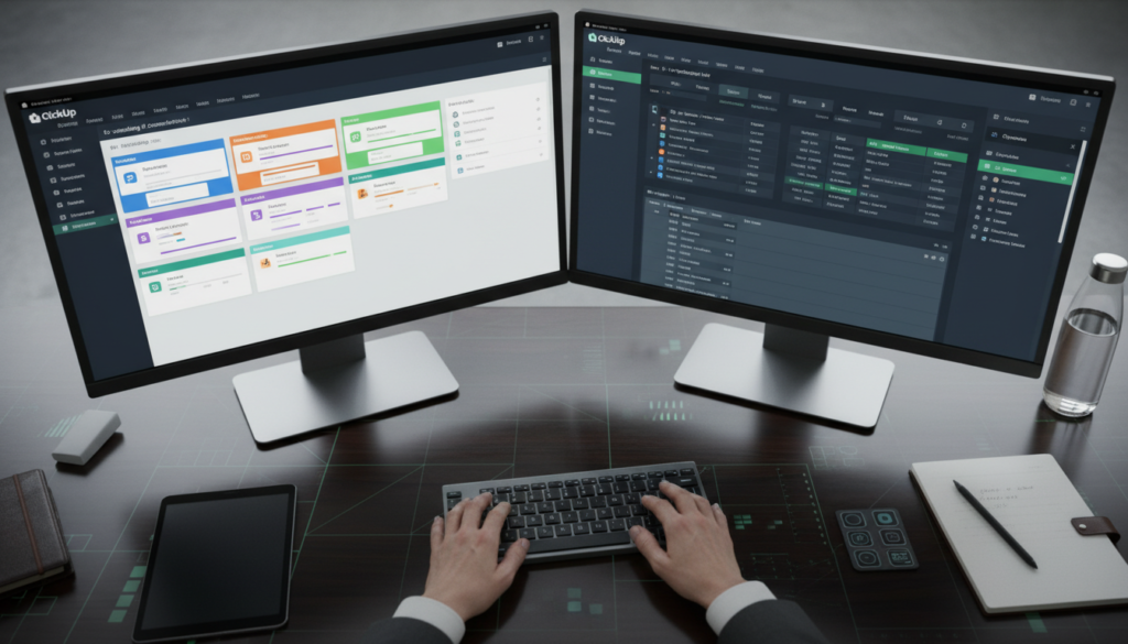 Executivo comparando Monday e ClickUp, dashboards de gestão de projetos, software SaaS B2B, ferramentas de produtividade, decisão estratégica.