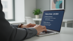 Product Manager escrevendo release notes estratégicos em laptop