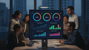 Dashboard de Core Web Vitals com gráficos de LCP, FID, CLS, equipe de produto, otimização de performance web, SEO, gestão estratégica.