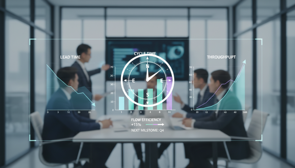 Dashboard com gráficos de Lead Time e Cycle Time, métricas de fluxo para gestão ágil e eficiência em desenvolvimento de software e projetos.