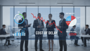 Gráfico de Custo do Atraso, impacto financeiro, dashboard de gestão de projetos, métricas de ROI