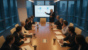 Executivos discutindo escolha entre SQL e NoSQL em reunião estratégica