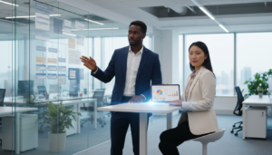 Product Manager e Product Marketing Manager trabalhando juntos, com suas áreas de foco distintas mas complementares, em um escritório tecnológico.