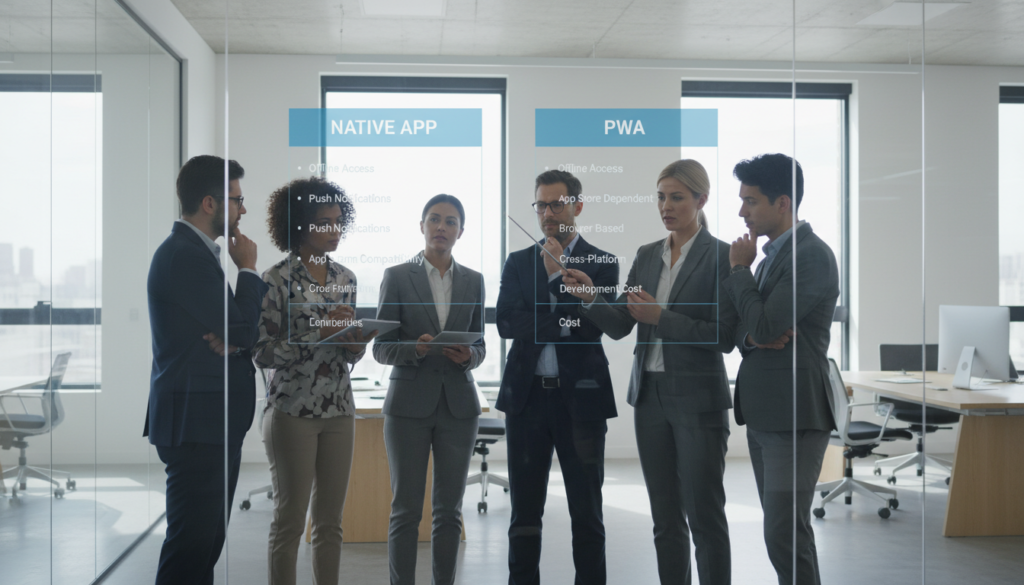 Gestores de produto comparando PWA e apps nativos em reunião estratégica