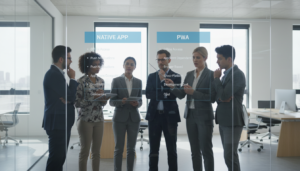 Gestores de produto comparando PWA e apps nativos em reunião estratégica