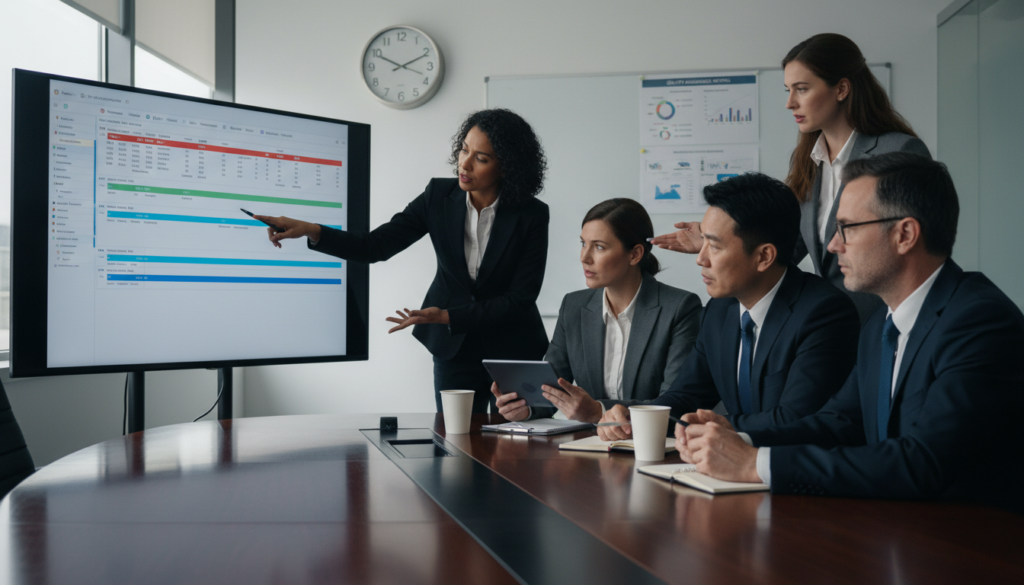 Executivos discutindo prazos e qualidade em um projeto, com foco em gestão ética de produtos e projetos.