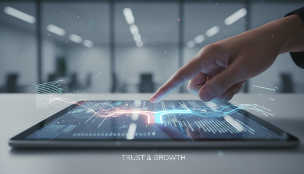 Mão humana interagindo com tela digital, simbolizando escolha ética em design de produto, algoritmos e dark patterns.