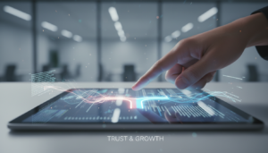 Mão humana interagindo com tela digital, simbolizando escolha ética em design de produto, algoritmos e dark patterns.