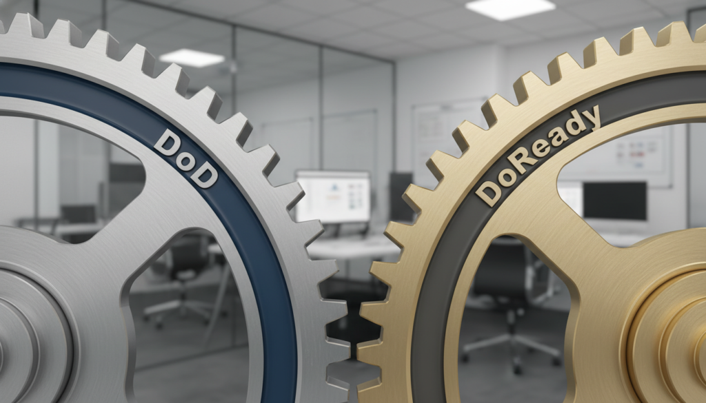 Engrenagens DoD e DoReady alinhadas, simbolizando a integração para qualidade e valor na gestão de produtos.