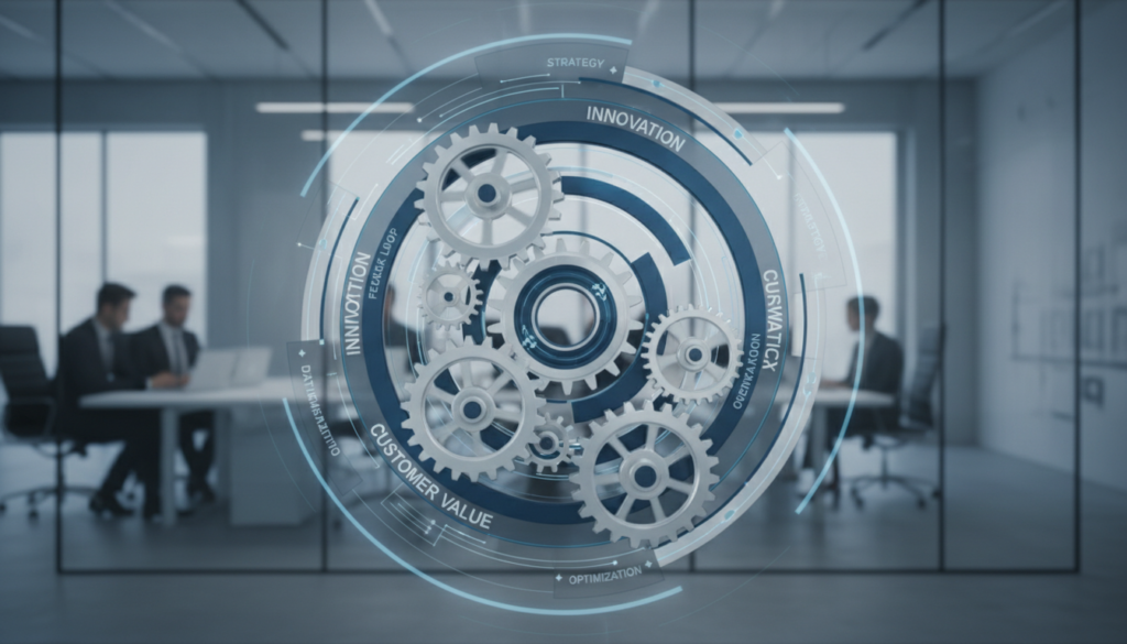 Framework Flywheel, ciclo de crescimento, engrenagens, estratégia de negócios, momentum empresarial, B2B