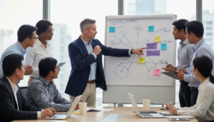 Grupo de gestores e PMs em reunião estratégica sobre JTBD e motivação de compra