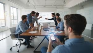 Colaboradores em escritório moderno, um deles olhando o celular com redes sociais, simbolizando distração e impacto no moral da equipe.