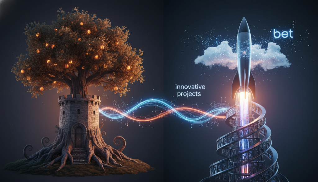 Representação visual do equilíbrio entre vacas leiteiras e apostas em gestão de portfólio, com elementos de estabilidade e inovação.