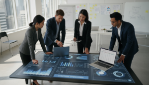 Profissionais de gestão revisando dados de Capacity Planning em um dashboard digital, com foco em otimização de recursos e previsão de demanda.