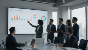 Dashboard de NPS sendo analisado por gestores de produto e atendimento em reunião estratégica