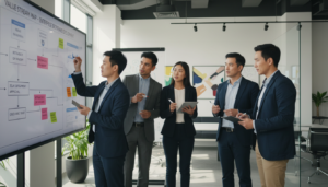 Mapeamento de Fluxo de Valor, VSM, gargalos de entrega, otimização de processos, gestão de projetos, gestão de produtos, eficiência operacional, equipe colaborando