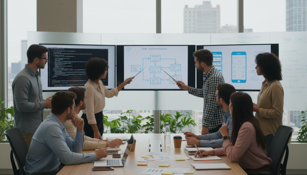 Profissionais analisando documentação técnica, diagramas de fluxo e especificações em um ambiente de escritório colaborativo.
