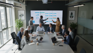 Time de trabalho com sêniores e juniores em colaboração, utilizando tecnologia para gestão de projetos