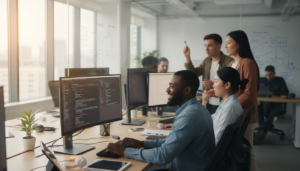 Desenvolvedores felizes, experiência do desenvolvedor, produtividade da equipe de TI, ambiente de trabalho tecnológico