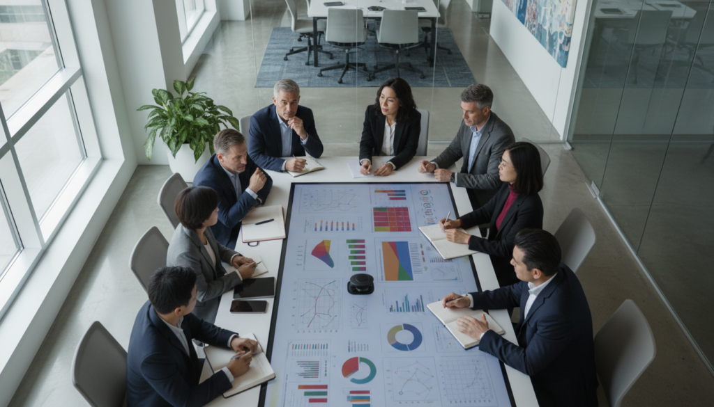 Gestores de alto nível avaliando riscos e desenvolvendo estratégias de mitigação eficazes em ambiente corporativo, utilizando ferramentas digitais para análise.