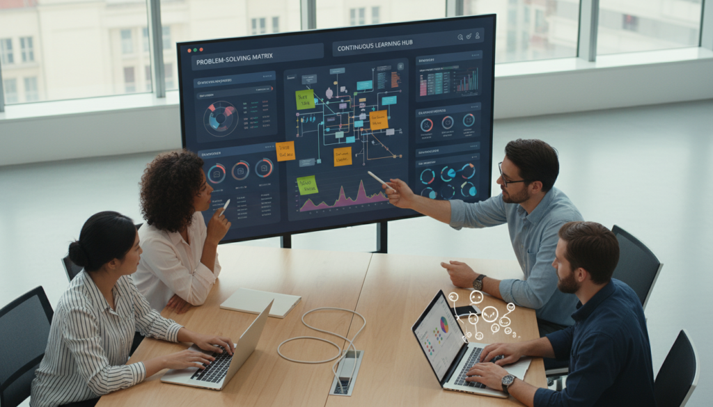 Equipe de produto colaborando em Continuous Discovery, análise de dados, validação de hipóteses, gestão de produto ágil, planejamento semanal de produto