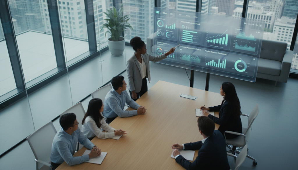 Equipe de produto analisando OKRs de impacto, dashboard com KPIs, gestão estratégica de produtos.