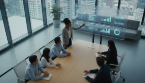 Equipe de produto analisando OKRs de impacto, dashboard com KPIs, gestão estratégica de produtos.