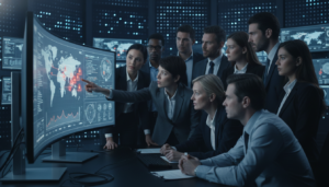 Grupo de gestores e técnicos analisando dados em tela grande, indicando gestão de crise e resposta a incidentes.