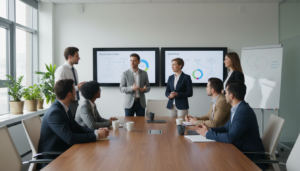 Equipe colaborativa em reunião, discutindo ideias abertamente e demonstrando segurança psicológica.