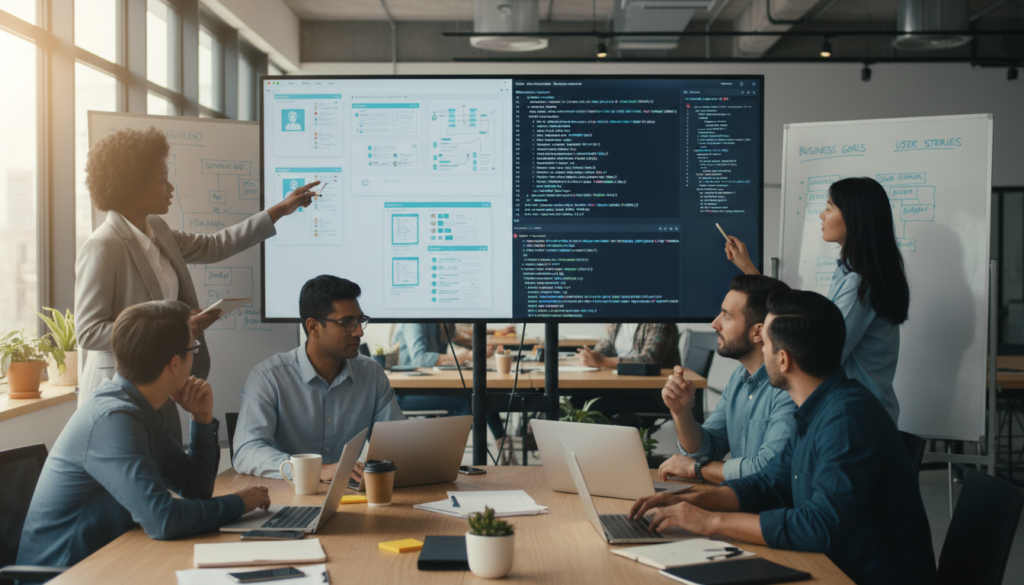Time de Front-end, UX e Produto discutindo estratégia em frente a tela com wireframes e código.