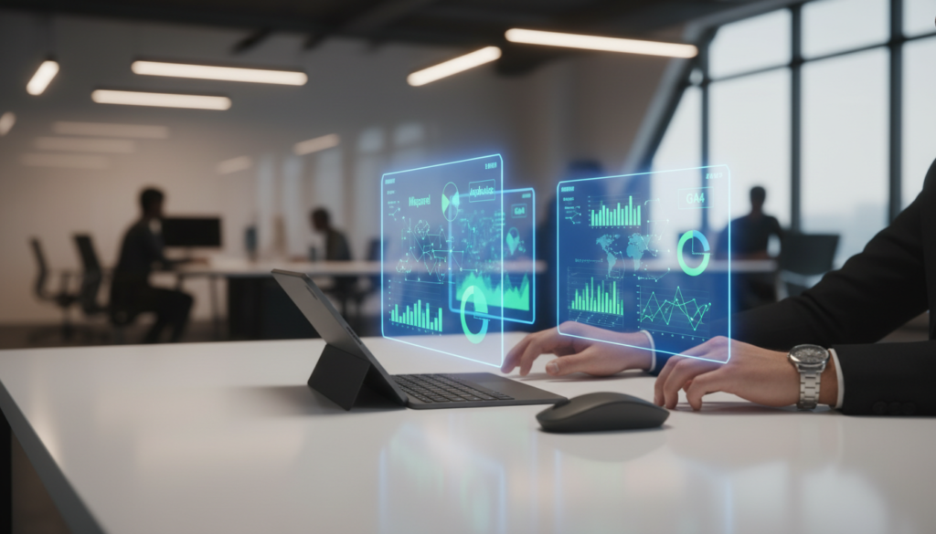 Mãos de um gestor de produto sênior analisando dados de Mixpanel, Amplitude e GA4 em um tablet, com interfaces holográficas das ferramentas. Cena de tomada de decisão estratégica sobre análise de produto.