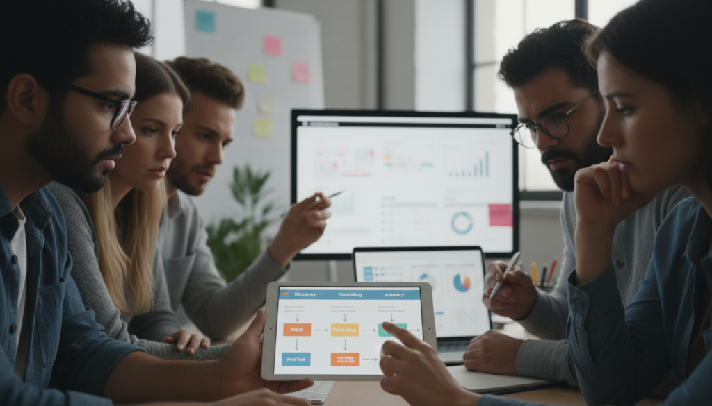 Equipe de produto planejando onboarding estratégico para LTV e retenção