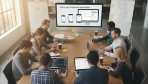 Equipe de produto e engenharia discutindo Mobile-First vs Responsividade em múltiplas telas