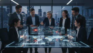 Equipe de gestão sênior avaliando performance de fornecedores em tela interativa, com foco em análise de risco e otimização da cadeia de suprimentos.