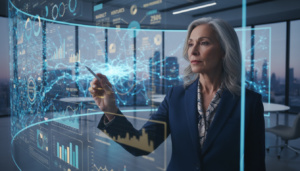 Gráfico de estratégia oceano azul, executivo pensando, inovação disruptiva, mercado inexplorado Brasil, gestão estratégica.