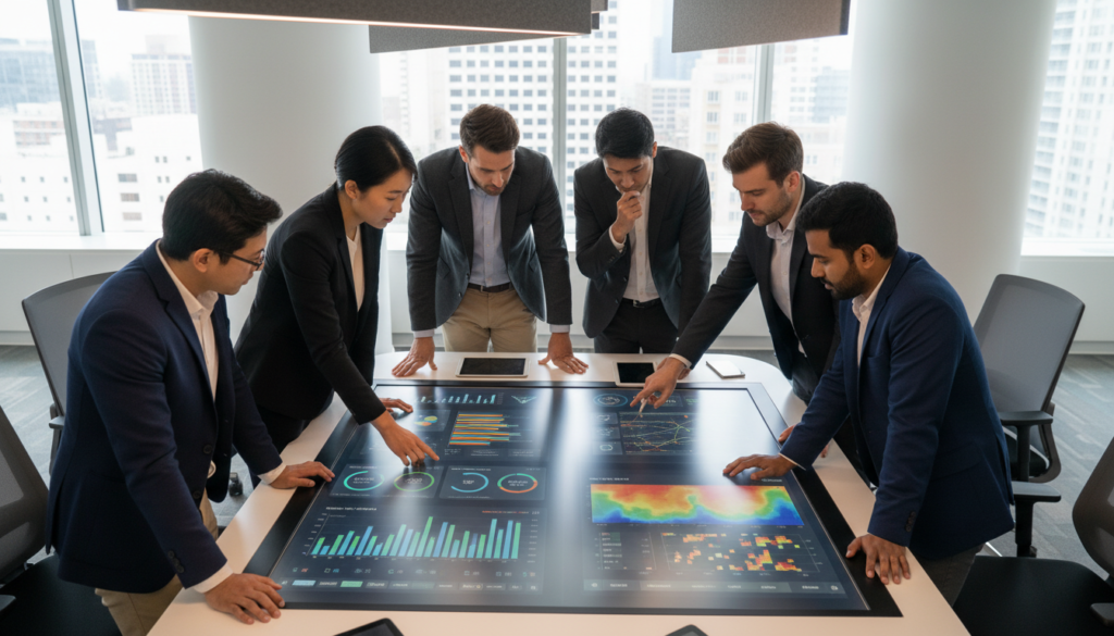 Gráfico de adoção de produto, métricas de engajamento de features, painel de controle de uso de software, equipe de product management.